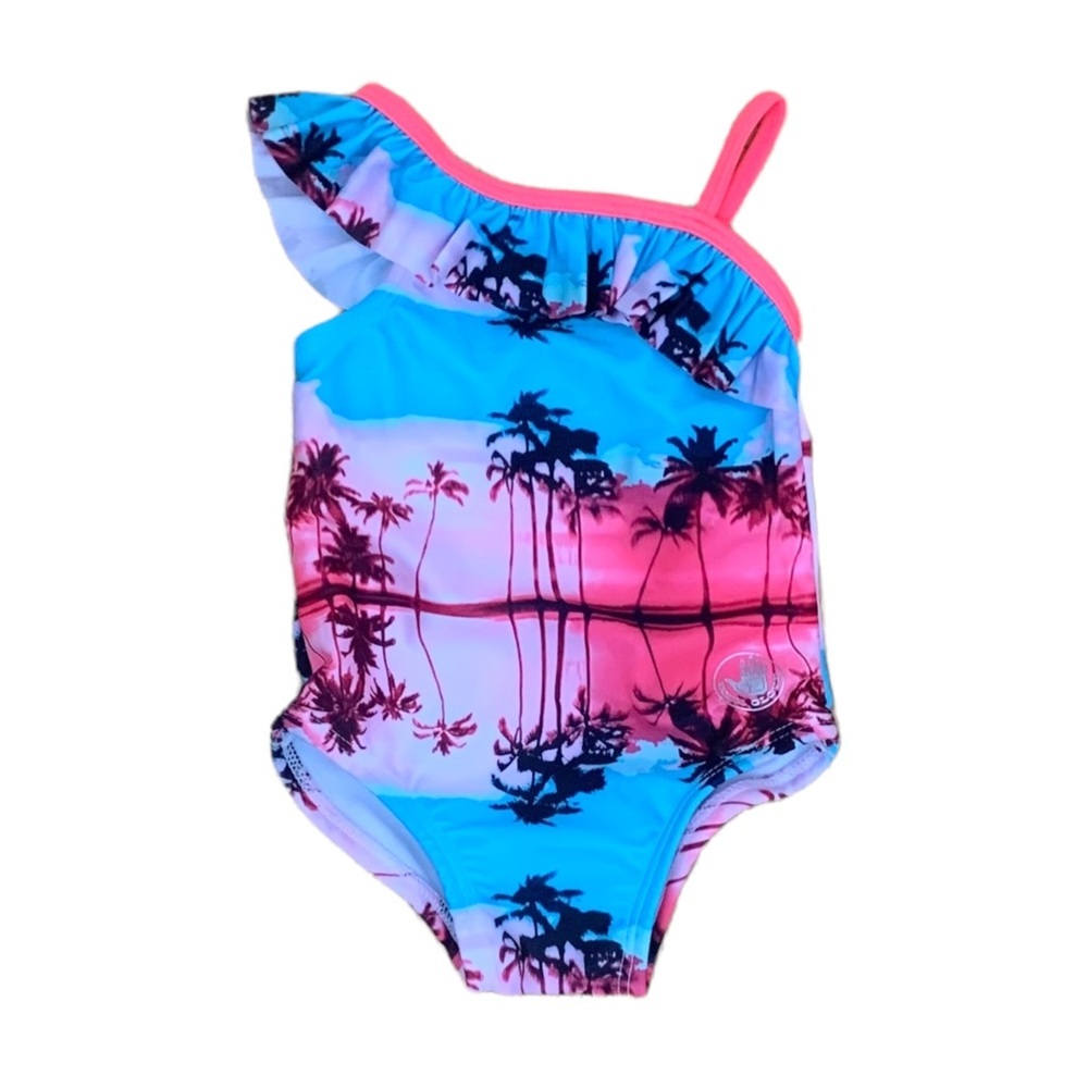 Body Glove Baby Girl One Piece Swim Suit Ruffle Shoulder Tropical 12M